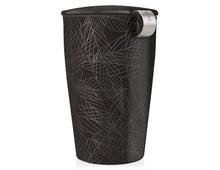 Load image into Gallery viewer, matte black botanical design tea cup with infuser and lid
