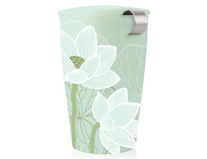 mint green lotus tea steeping mug with lid and infuser