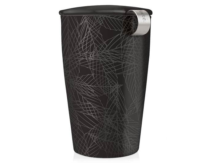matte black botanical design tea cup with infuser and lid